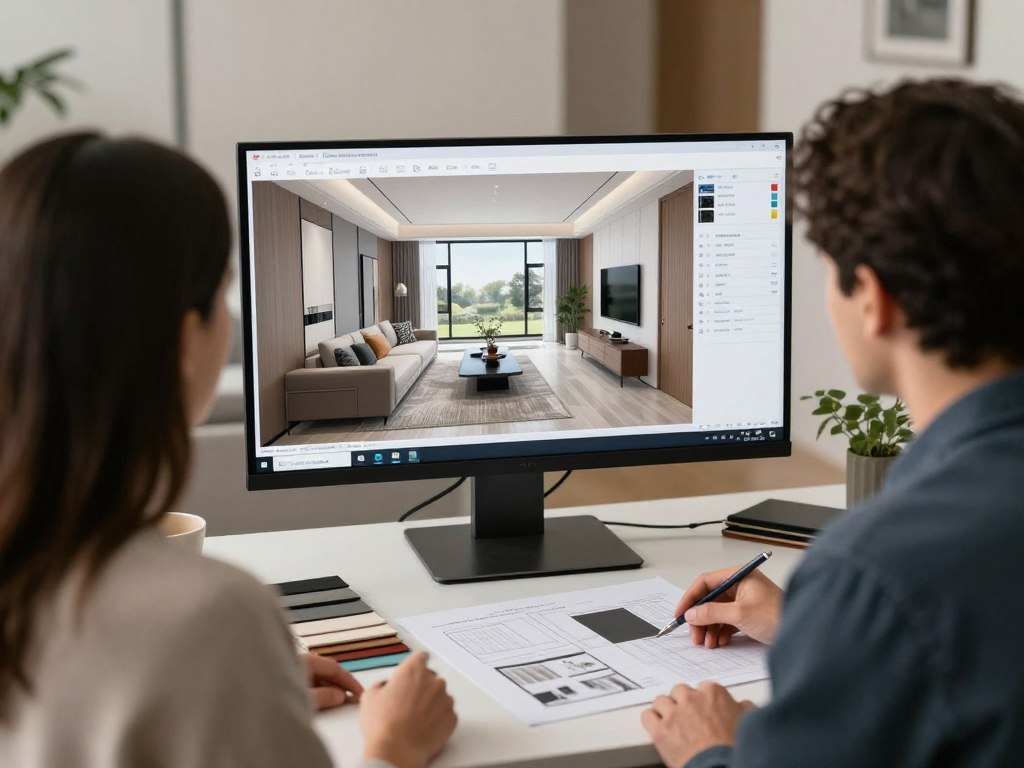 Designer working with client reviewing 3D interior design visualization on computer